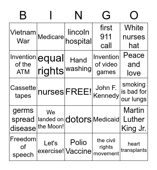 Healthcare in the 1960's Bingo Card