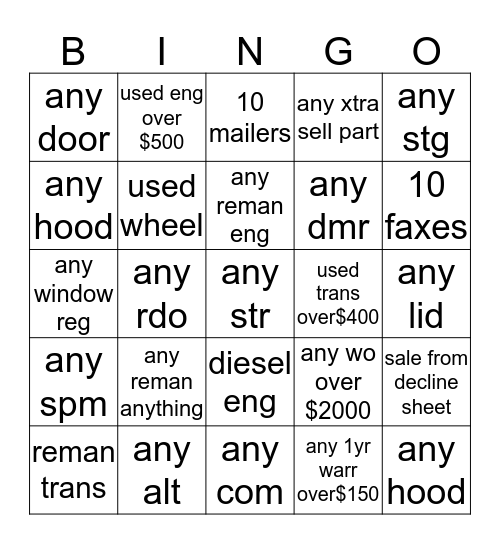 lkq bingo Card