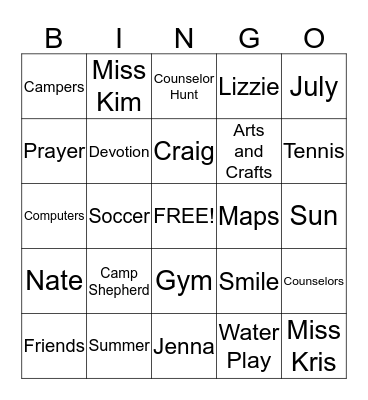 Summer Camp Bingo Card