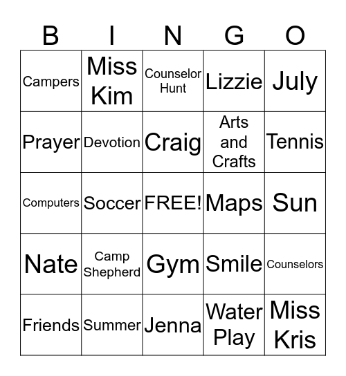 Summer Camp Bingo Card