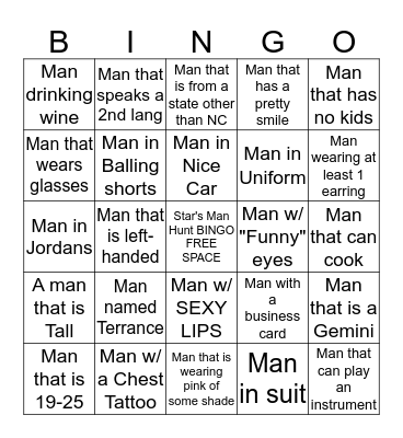 Star's Bachelorette Man Hunt BINGO Card