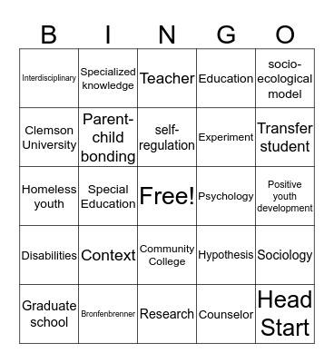 Careers in HDFS Bingo Card