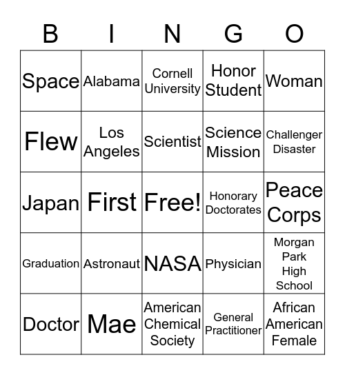Mae Jemison Astronaut Bingo Card