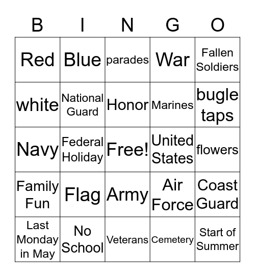 Memorial Day Bingo Card