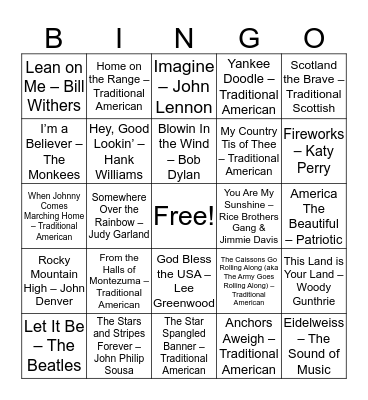 MEMORIAL DAY MUSIC BINGO Card