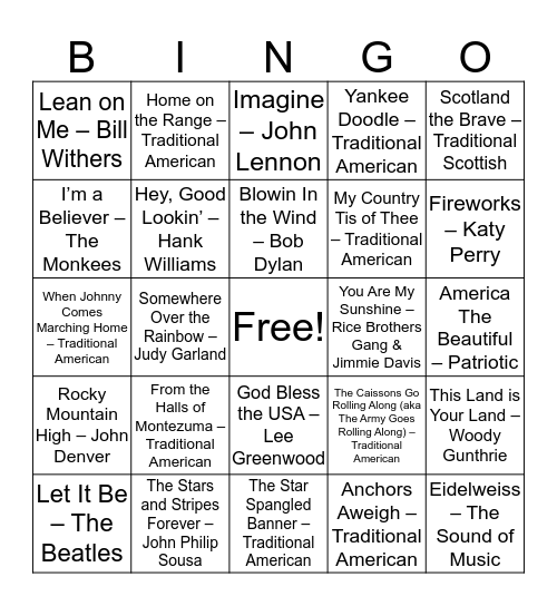 MEMORIAL DAY MUSIC BINGO Card