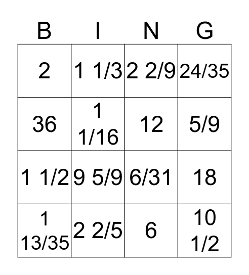 Dividing Fractions & Mixed Numbers Bingo Card