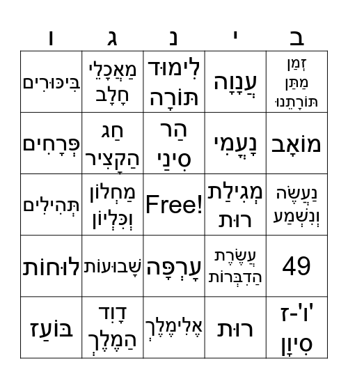 שָׁבוּעוֹת Bingo Card