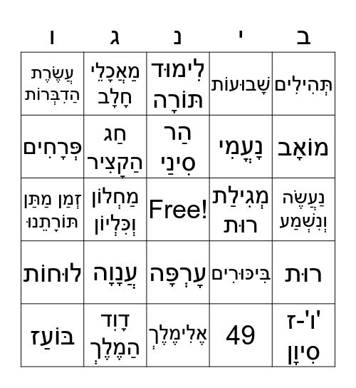 שָׁבוּעוֹת Bingo Card