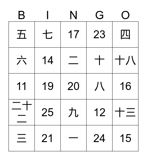 数字宾果游戏 Bingo Card