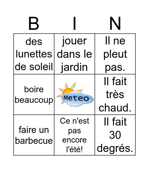 La météo Bingo Card