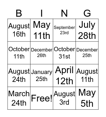 When is your birthday? Bingo Card