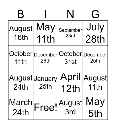 When is your birthday? Bingo Card