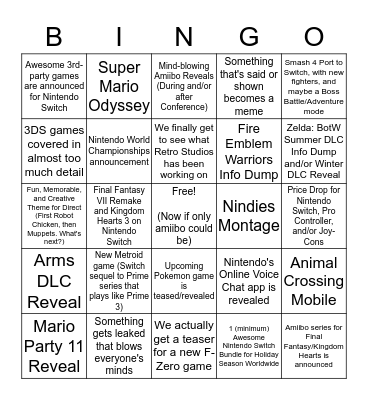 E3 Nintendo Conference Bingo Card