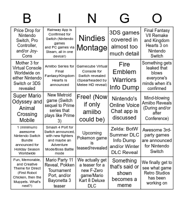 E3 2017 Nintendo Conference Bingo Card