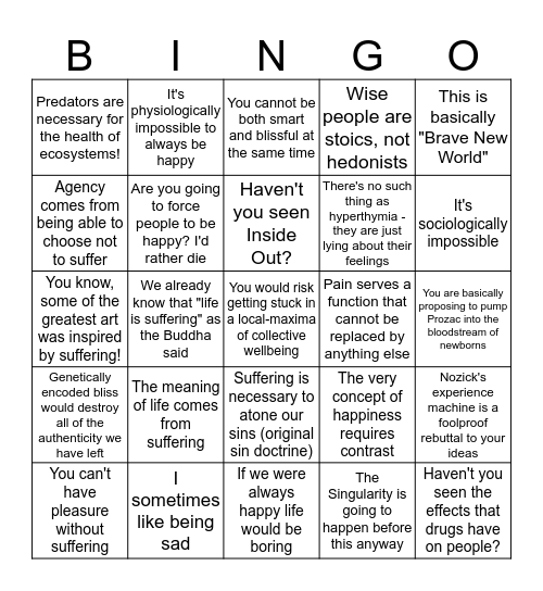 Responses to the Hedonistic Imperative Bingo Card
