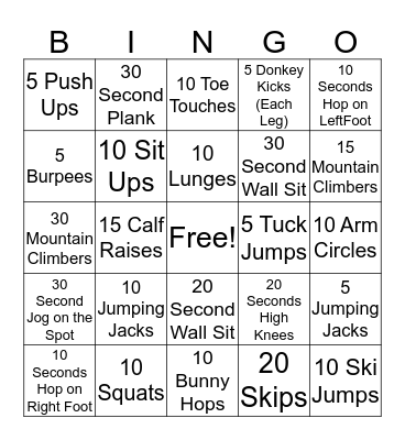 Fitness Bingo Card