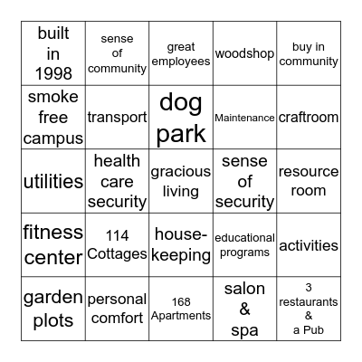 Lake Forest Place Marketing Bingo Card