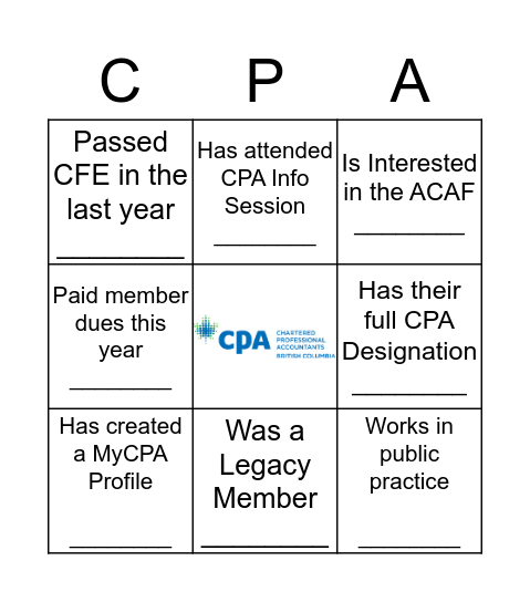 CPA Connect Night Bingo Card