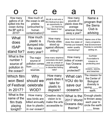 World Oceans Day Bingo Card