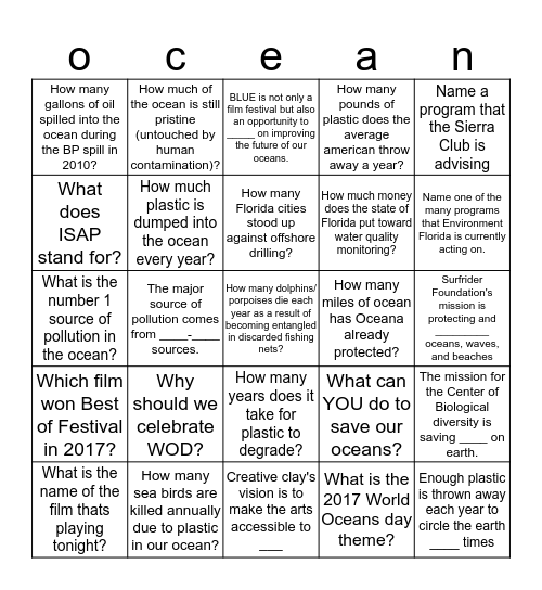 World Oceans Day Bingo Card