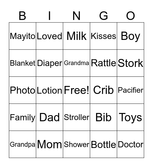 Mayito's Baby Shower Bingo Card