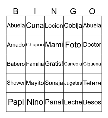 Mayito's Baby Shower Bingo Card