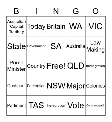 Canberra Parliment/Federation Bingo Card