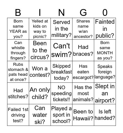 Get To Know People Game Bingo Card