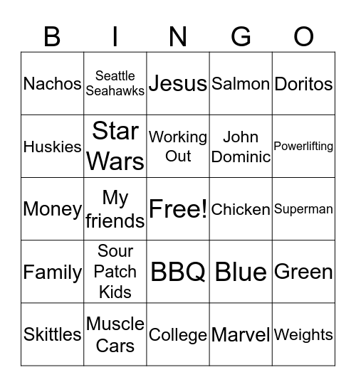 Eric's favorite items  Bingo Card