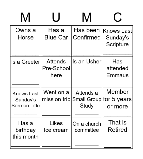 "Becoming One in Ministry" Bingo Card