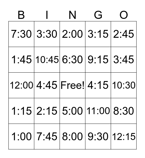 Telling Time Bingo Card