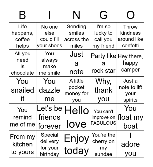 Sentiments Bingo Card