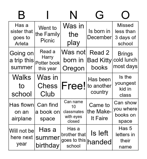 End-Of-Year Library Bingo Card
