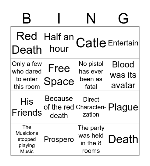 The Masque of the Red Death  Bingo Card