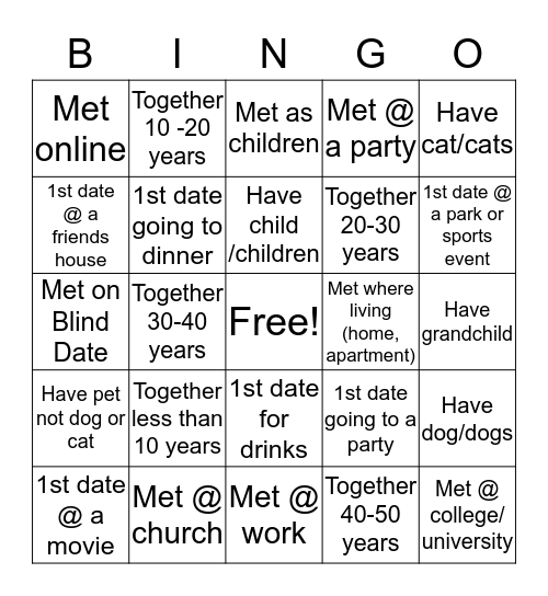 Couples "Get to Know You" Cards Bingo Card