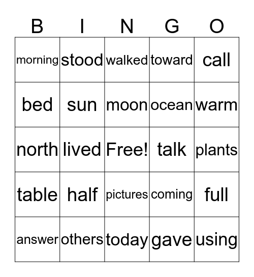Star Word Bingo Card