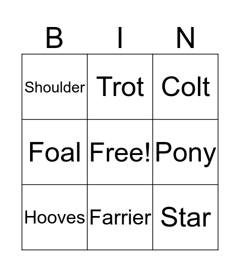 Horse Bingo Card
