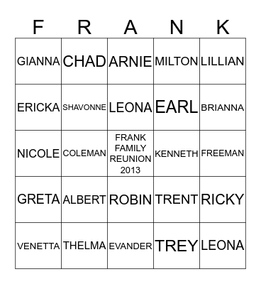 2013 FRANK FAMILY REUNION DEEP CREEK,MARYLAND Bingo Card