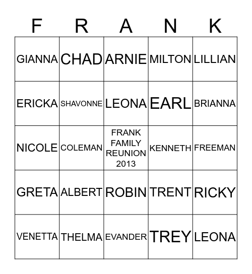 2013 FRANK FAMILY REUNION DEEP CREEK,MARYLAND Bingo Card