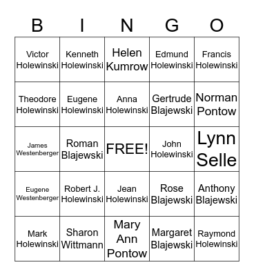 HOLEWINSKI FAMILY BINGO Card