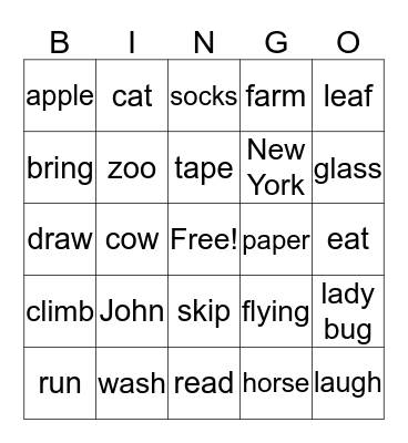 Nouns VS Verbs Bingo Card