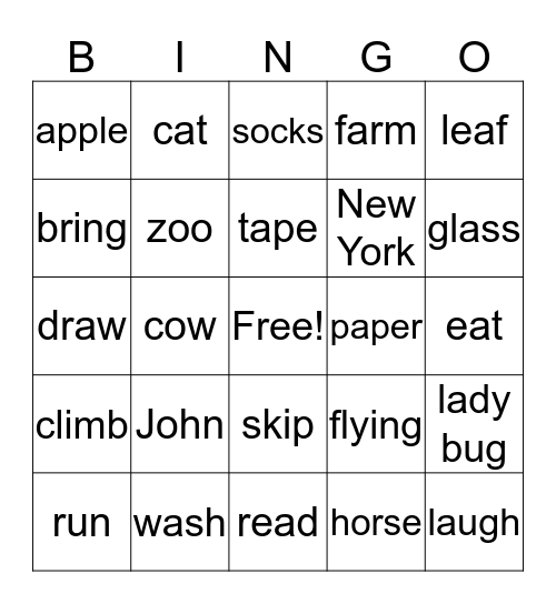 Nouns VS Verbs Bingo Card