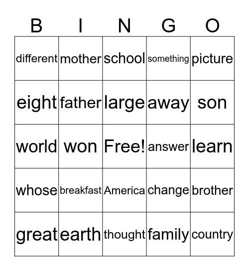 Trick Words Bingo Card