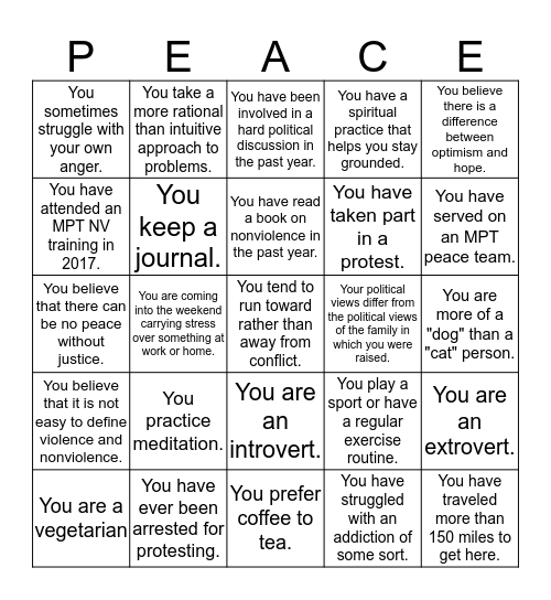 MPT Common Ground Bingo - WRITE YOUR INITIALS IF . . .  Bingo Card