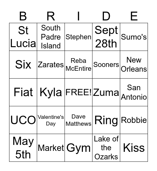 Kyla's Getting Married Bingo Card