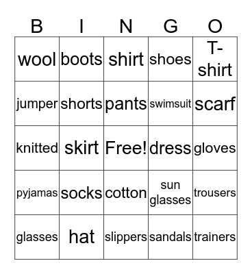 Clothes Bingo Card