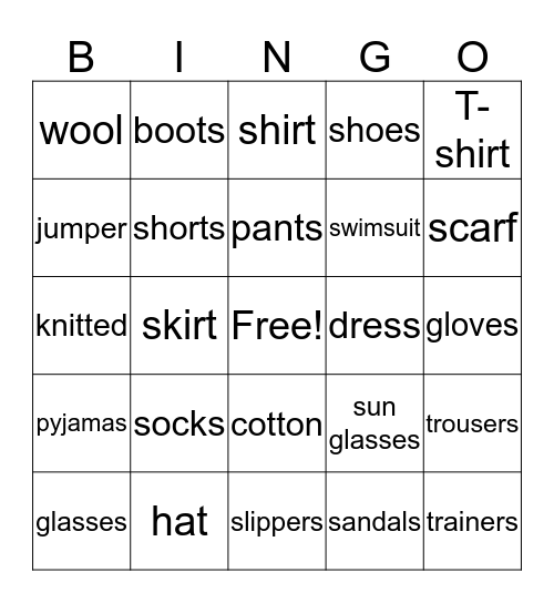 Clothes Bingo Card