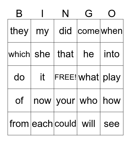 SIGHT WORD BINGO Card
