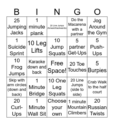Fitness Bingo Card